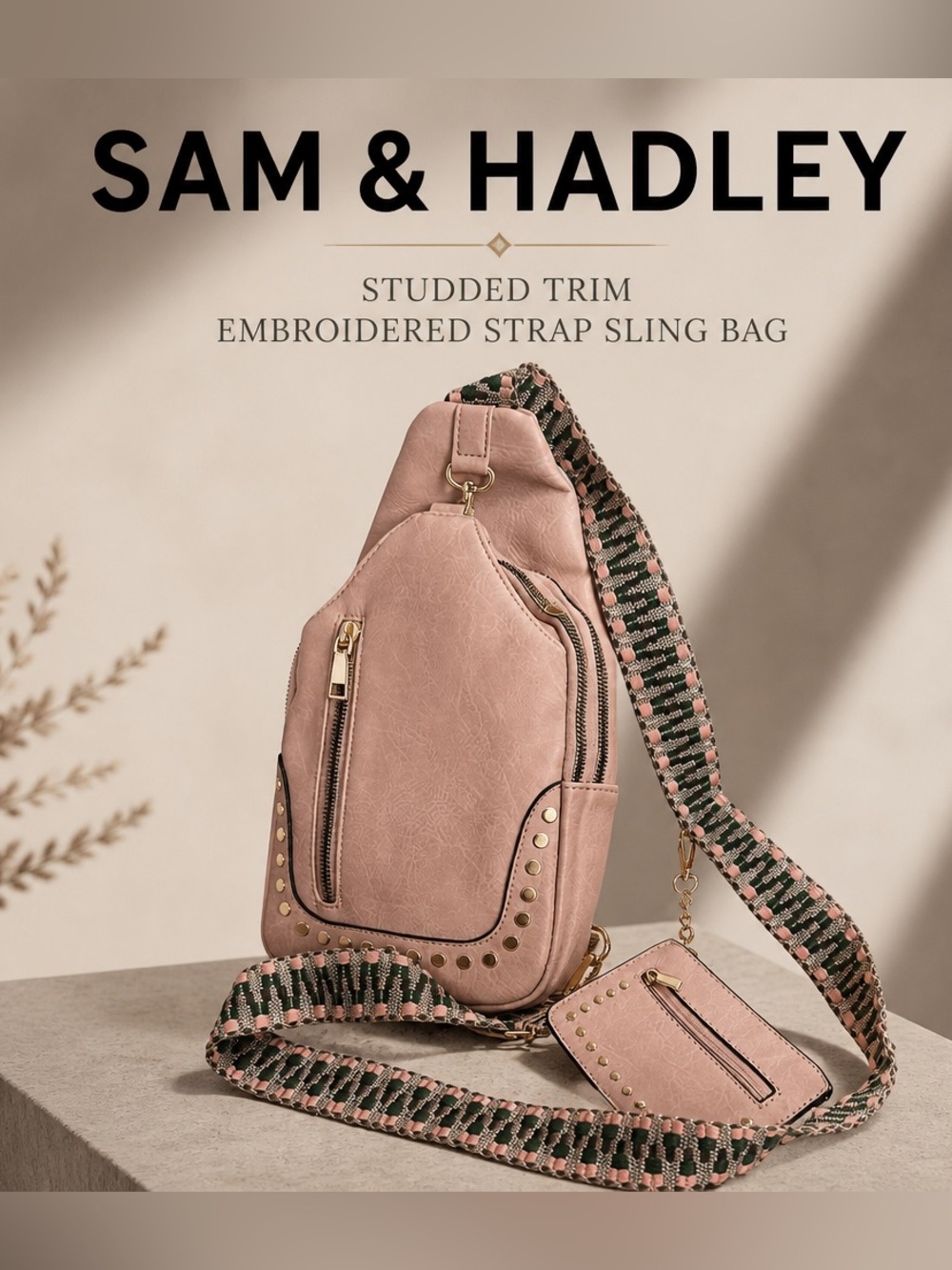 Sam & Hadley blush Pink Studded Trim Embroidered Strap Sling Bag